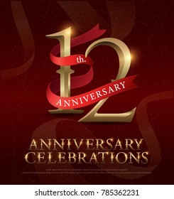12th years anniversary celebration golden logo with red ribbon on red background. vector illustrator
