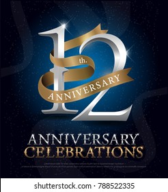 12th years anniversary celebration silver and gold logo with golden ribbon on dark blue background. vector illustrator