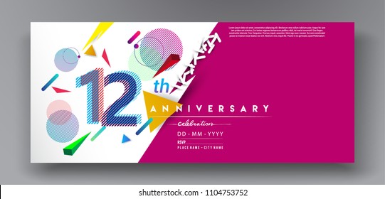 12th years anniversary logo, vector design birthday celebration with colorful geometric background and circles shape.