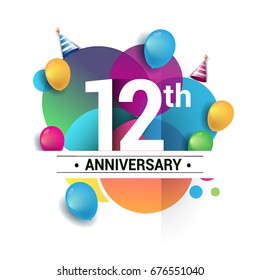 12th years anniversary logo, vector design birthday celebration with colorful geometric, Circles and balloons isolated on white background.