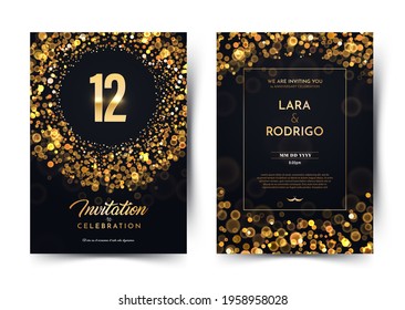 12th years birthday vector black paper luxury invitation double card. Twelve years wedding anniversary celebration brochure. Template of invitational for print on dark background with bokeh lights 