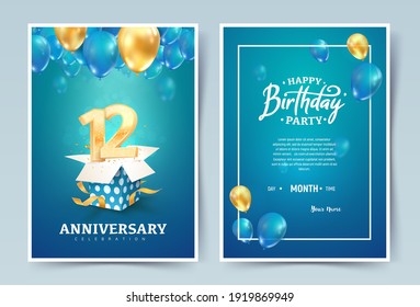 Tarjeta doble de invitación vector de 12 años. Folleto de la celebración del 12 años. Plantilla de invitación para imprimir sobre fondo azul