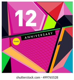 12th years greeting card anniversary with colorful number and frame. logo and icon with Memphis style cover and design template