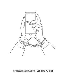 Frase de 12 palavras descrevendo a imagem algemada as mãos seguram um smartphone simbolizando vício em telefone ou cativeiro digital.