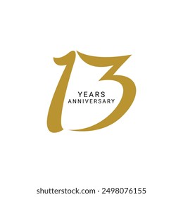 13, 13th Years Anniversary Logo, 13th birthday, Golden Color, Vector Template Design element for invitation, wedding, jubilee and greeting card illustration.