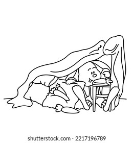 13 - 25 Cute bunny builds house from pillows and blankets. Shelter for carrots. Christmas, New Year and Easter contour vector illustration. Collection of rabbits in cartoon style. Humour