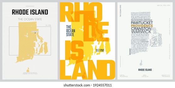 13 of 50 sets, US State Posters with name and Information in 3 Design Styles, Detailed vector art print Rhode Island map