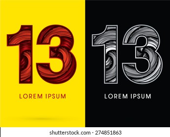 13 ,Abstract Number , font, concept  Spin, designed using red,black and white, grunge brush, sign.