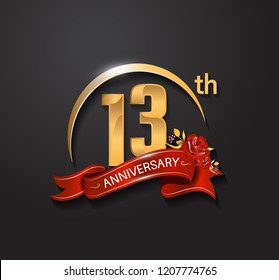 13 anniversary design logotype with golden swoosh, red ribbon and red rose. Vector template for use in celebration company event, greeting card, and invitation card