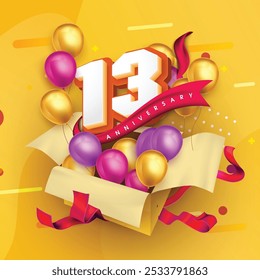 13 anniversary logo template on a gift box with a yellow background and balloons. 13rd anniversary celebration featuring a red ribbon and balloons. Gift box concept for an anniversary invitation card.