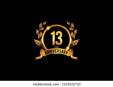 13 anniversary template design for web, Anniversary logo with ring golden colored isolated and wreath on black background