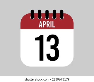 13 April calendar icon. Red calendar page vector for April days and weeks