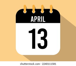 13 April calendar icon. Vector black for the month of April with shadow effect