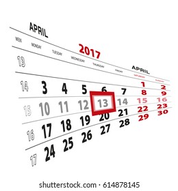 13 April highlighted on calendar 2017. Week starts from Monday. Vector Illustration.