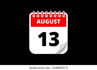 13 August calendar icon text page monthly web design on red, white and black background vector, icon, or illustration with the month of August 13
