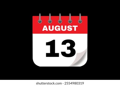 13 August calendar icon text page monthly web design on red, white and black background vector, icon, or illustration with the month of August 13