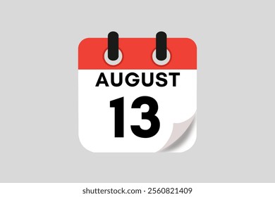 13 August calendar icon text page monthly web design on red, white, black and ash background vector, icon, or illustration with the month of August 13