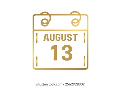 13 August calendar icon text page monthly web design on golden and white background vector, icon, or illustration with the month of August 13