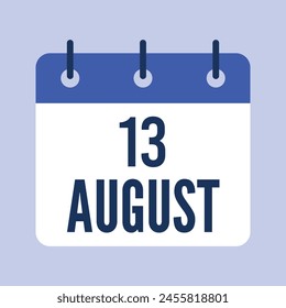 13 August Calendar, Isolated Vector Calendar.