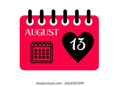 13 august month single day vector, illustration, calendar with red, black and white color background calendar icon of august 13