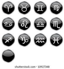 13 black buttons: aries, taurus, gemini, cancer, leo, virgo, libra, scorpio, sagittarius, capricorn, aquarius, pisces, blank. See my portfolio for more.