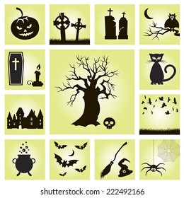 13 black isolated vector Halloween characters on a yellow background