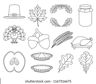 13 black and white line art thanksgiving elements. Festive comfort food. Harvest festival themed vector illustration for icon, stamp, label, sticker, badge, gift card, certificate or flayer decoration