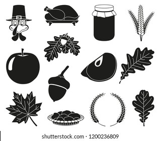 13 black and white thanksgiving silhouette elements Festive comfort food Harvest festival themed vector illustration for icon, stamp, label, sticker, badge, gift card, certificate or flayer decoration