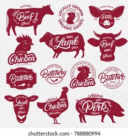 13 butchery logo, label, emblem, poster. Farm animals with lettering words. Beef, pork, chicken, lamb. Vintage style. Farm animals collection for meat stores, butchery shop farmers market Vector
