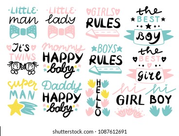 13 children s logo with handwriting Little man,lady, Girls, boys rules, Mommy, Daddy happy baby, Hello, It s twins. Kids background Poster Emblem Icon