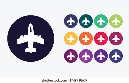 13 circles in different colors and airplane icon on white background.