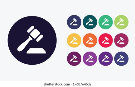 13 circles set with gavel icon in various colors. Vector illustration.