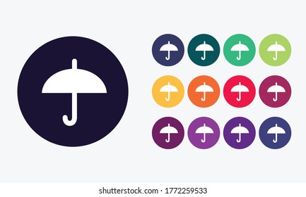 13 circles set with umbrella icon in various colors. Vector illustration.