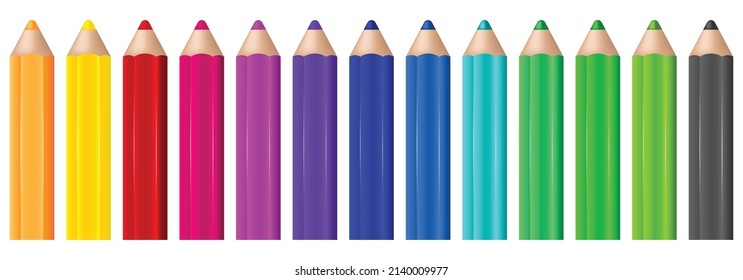 13 coloured pencils. Colored pencils laying in row. Ready for school stuff. vector illustration on white background