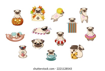 13 cute pug sticker icons. Vector illustration. Isolate on white background.