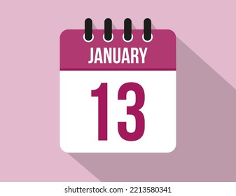 Calendario del 13 de enero. Vector de calendario para enero en color rosa en fondo claro