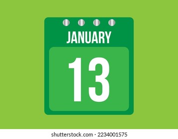 Vector de calendario de 13 días de enero. Icono de la página del calendario para el mes de enero con pin metálico. Calendario sobre fondo verde.