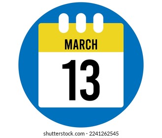 Vector del calendario de marzo de 13 días. Icono de la página del calendario para los días de marzo. Círculo azul con calendario amarillo