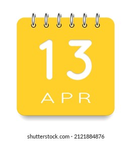 13 day of the month. April. Cute yellow calendar daily icon. Date day week Sunday, Monday, Tuesday, Wednesday, Thursday, Friday, Saturday. Cut paper. White background. Vector illustration.