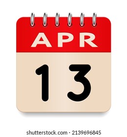 13 días del mes. Abril. Girar el viejo icono diario del calendario formal. Fecha día semana domingo, lunes, martes, miércoles, jueves, viernes, sábado. Corta papel. Fondo blanco. Ilustración vectorial. 3.ª