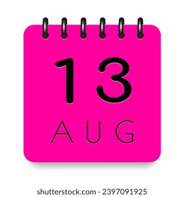 13 day of the month. August. Pink calendar daily icon. Black letters. Date day week Sunday, Monday, Tuesday, Wednesday, Thursday, Friday, Saturday. Cut paper. White background. Vector illustration.