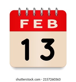 13 day of the month. February. Flip old formal calendar. 3d daily icon. Date. Week Sunday, Monday, Tuesday, Wednesday, Thursday, Friday, Saturday. Cut paper. White background. Vector illustration.