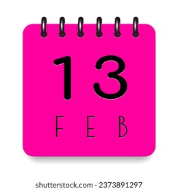 13 day of the month. February. Pink calendar daily icon. Black letters. Date day week Sunday, Monday, Tuesday, Wednesday, Thursday, Friday, Saturday. Cut paper. White background. Vector illustration.