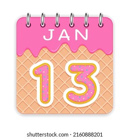 13 day of a month. January. Waffle cone calendar with melted ice cream. 3d daily icon. Date. Week Sunday, Monday, Tuesday, Wednesday, Thursday, Friday, Saturday. White background Vector illustration