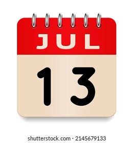13 day of the month. July. Flip old formal calendar. 3d daily icon. Date. Week Sunday, Monday, Tuesday, Wednesday, Thursday, Friday, Saturday. Cut paper. White background. Vector illustration.