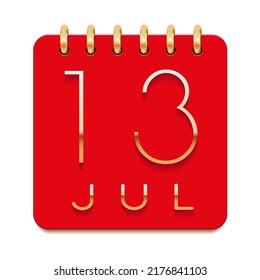 13 day of the month. July. Luxury calendar daily icon. Date day week Sunday, Monday, Tuesday, Wednesday, Thursday, Friday, Saturday. Gold text. Red paper. Vector illustration.