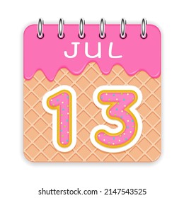 13 day of the month. July. Waffle cone calendar with melted ice cream. 3d daily icon. Date. Week Sunday, Monday, Tuesday, Wednesday, Thursday, Friday, Saturday. White background. Vector illustration.