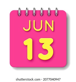 13 días del mes. 13 de junio. Icono de calendario diario. Fecha día semana domingo, lunes, martes, miércoles, jueves, viernes, sábado.