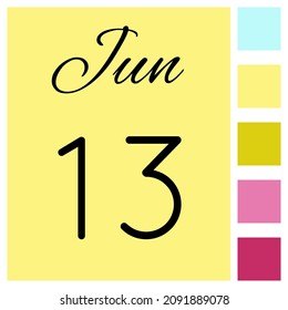 13 días del mes. Junio. Icono de calendario diario. Fecha día semana domingo, lunes, martes, miércoles, jueves, viernes, sábado.