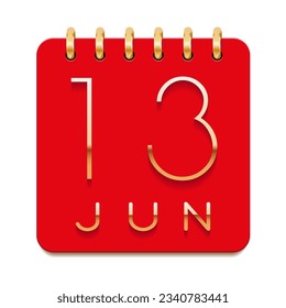 13 day of the month. June. Luxury calendar daily icon. Date day week Sunday, Monday, Tuesday, Wednesday, Thursday, Friday, Saturday. Gold text. Red paper. Vector illustration